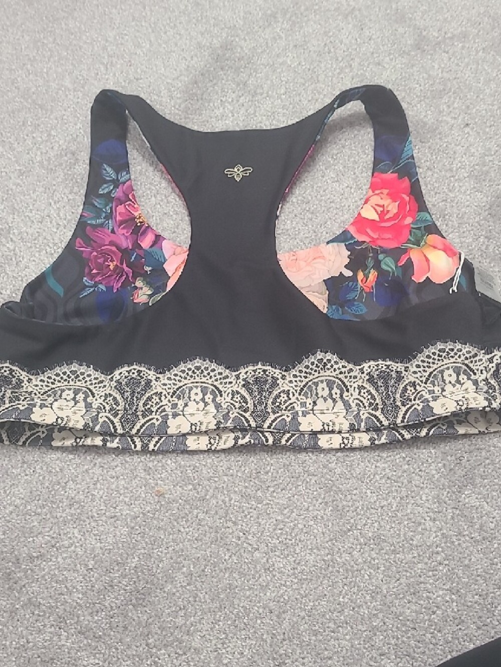 Johnny Was Reversible Black Floral Lace-Trim Racerback Sports Bra - Picture 4 of 6